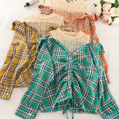 Дамска карирана риза с връзки и дълъг ръкав