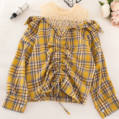 Дамска карирана риза с връзки и дълъг ръкав