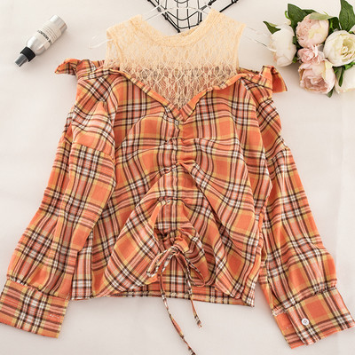 Дамска карирана риза с връзки и дълъг ръкав