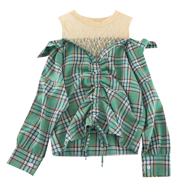 Дамска карирана риза с връзки и дълъг ръкав 