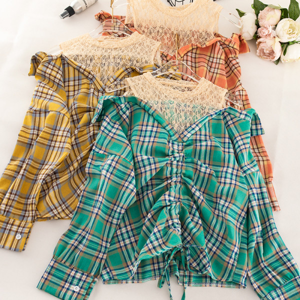 Дамска карирана риза с връзки и дълъг ръкав 