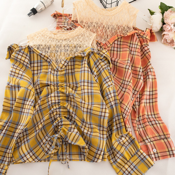 Дамска карирана риза с връзки и дълъг ръкав 