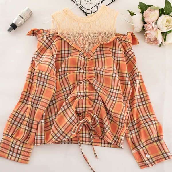 Дамска карирана риза с връзки и дълъг ръкав 