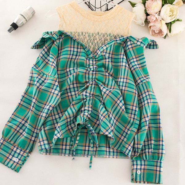 Дамска карирана риза с връзки и дълъг ръкав 