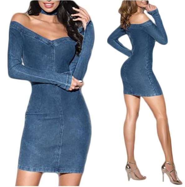 Ležerna ženska traper haljina s golim ramenima i dugim rukavima