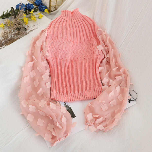 Női pulóver félmagas gallérral és széles ujjú 3D virág elemmel