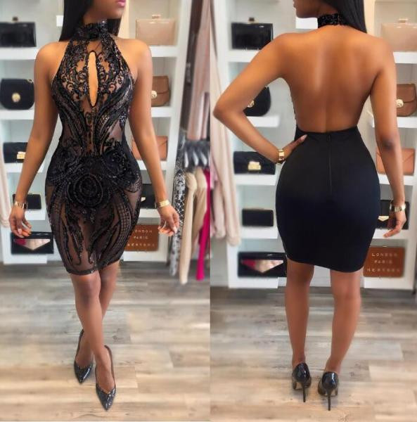 Елгантна дамска рокля с гол гръб и пайети в черен цвят