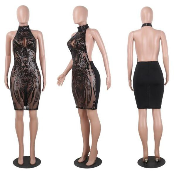 Елгантна дамска рокля с гол гръб и пайети в черен цвят