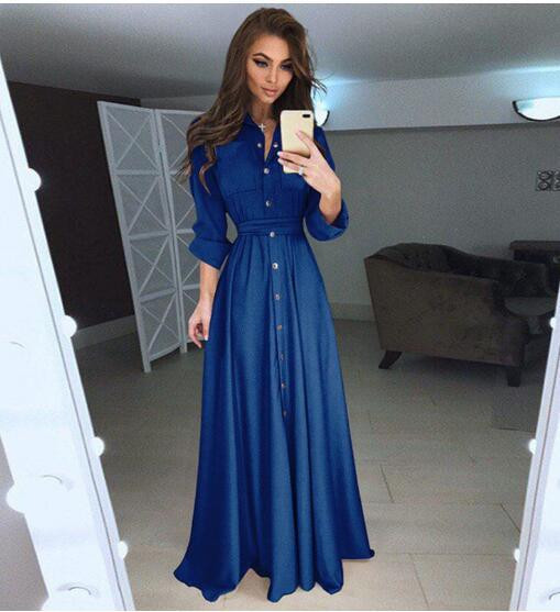 Moderna ženska duga haljina s gumbima i vezicama u struku