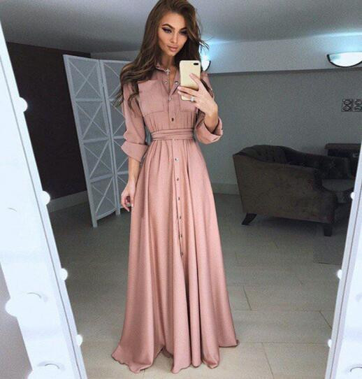 Moderna ženska duga haljina s gumbima i vezicama u struku