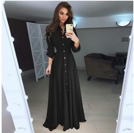 Moderna ženska duga haljina s gumbima i vezicama u struku