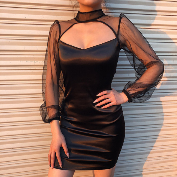 Uue mudeli pitsatvarrukate ja spitsikaelusega naiste kleit