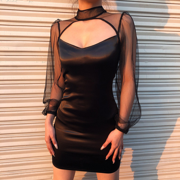 Uue mudeli pitsatvarrukate ja spitsikaelusega naiste kleit