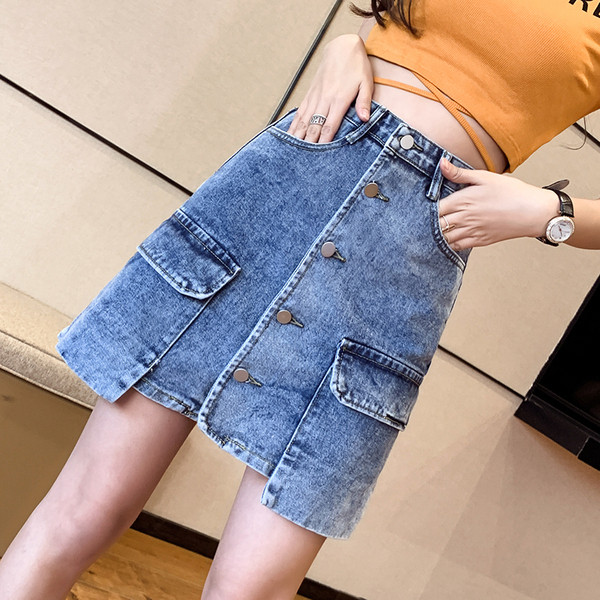 Női farmerszoknya gombokkal és zsebekkel, magas derékkal