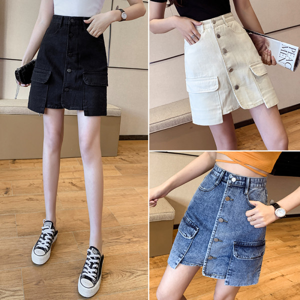 Női farmerszoknya gombokkal és zsebekkel, magas derékkal