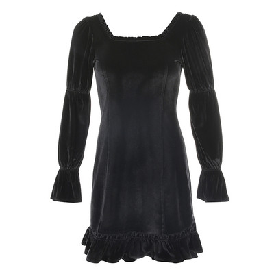 Модерна дамска рокля с квадратно деколте,връзки и лотос ръкави