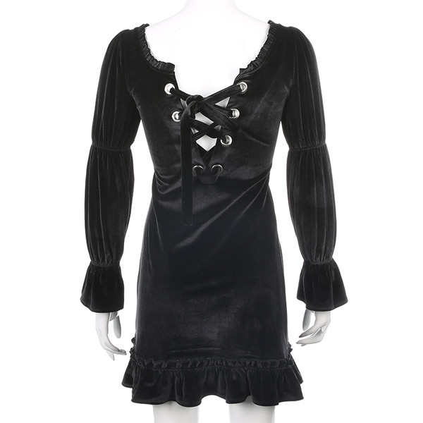 Модерна дамска рокля с квадратно деколте,връзки и лотос ръкави