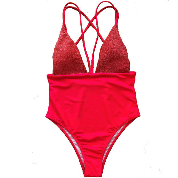 Стилен цял бански с дълбоко деколте и кръстосани презрамки на гърба