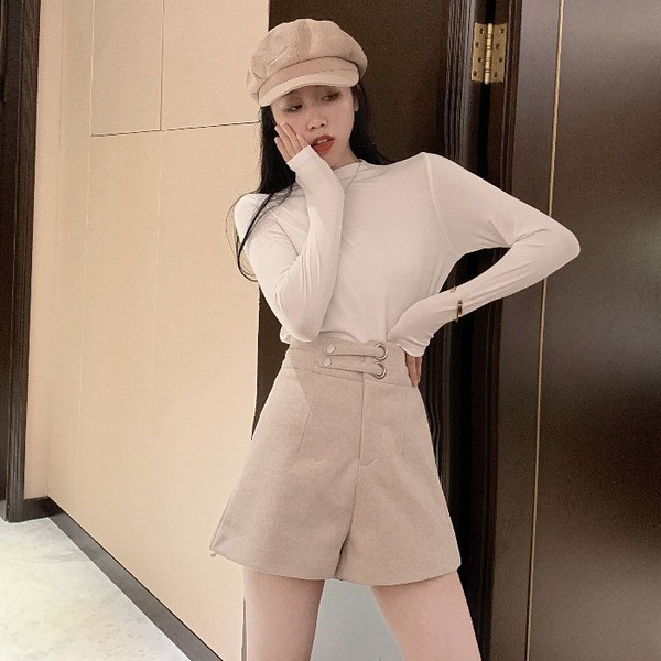 Есенно-зимни дамски къси панталони с висока талия и метална катарама на талията 