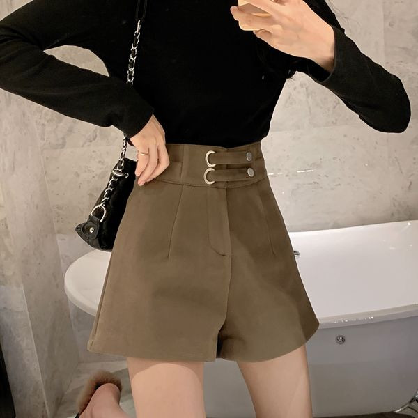 Есенно-зимни дамски къси панталони с висока талия и метална катарама на талията 