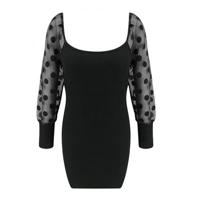 Модерна дамска рокля с тюлени ръкави на точки и квадратно деколте