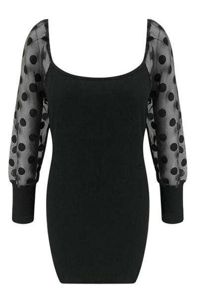 Модерна дамска рокля с тюлени ръкави на точки и квадратно деколте