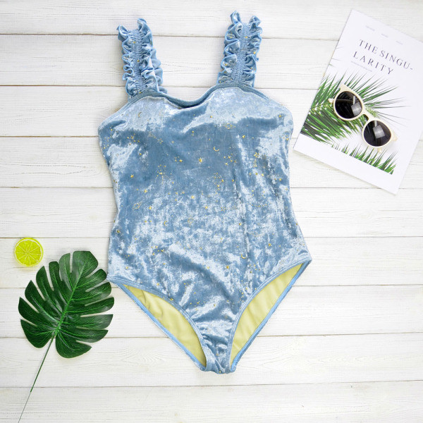 Модерен цял бански костюм от кадифе в син цвят