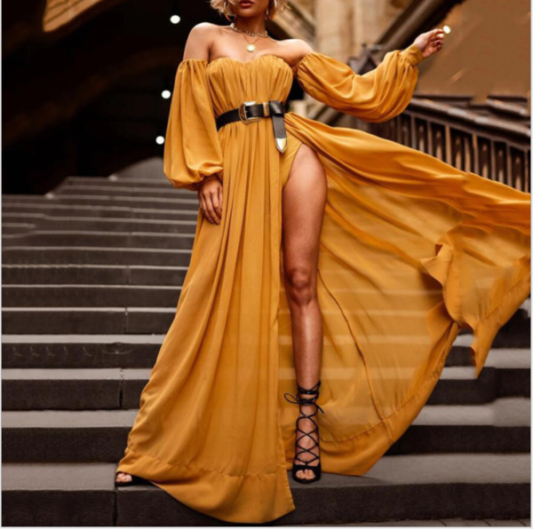 Moderna ženska haljina golih ramena, proreza i dugih rukava