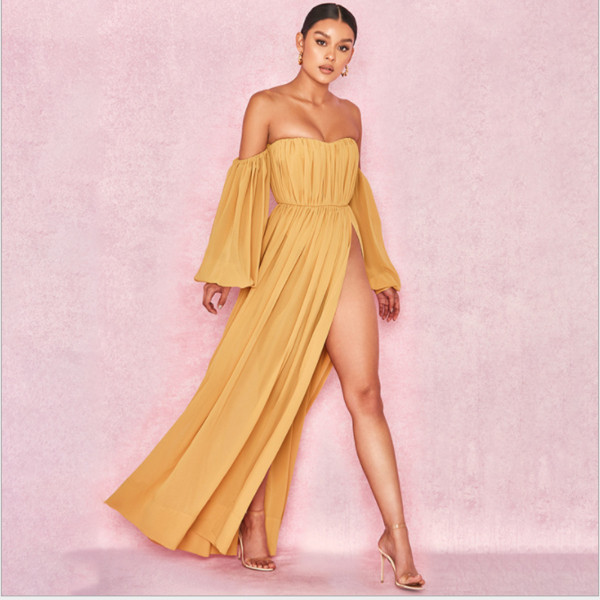 Moderna ženska haljina golih ramena, proreza i dugih rukava