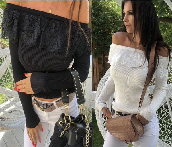 Moodne naiste lühike pluus pitsi ja paljaste õlgadega