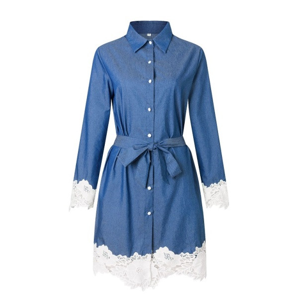 Модерна дамска дънкова рокля с класическа яка,колан и дантела