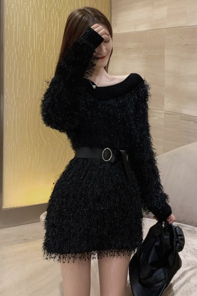 Ženska moderna haljina s okruglim izrezom i resama s remenom u struku