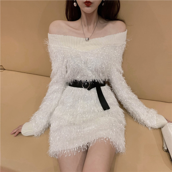 Ženska moderna haljina s okruglim izrezom i resama s remenom u struku