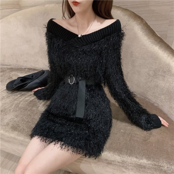 Ženska moderna haljina s okruglim izrezom i resama s remenom u struku