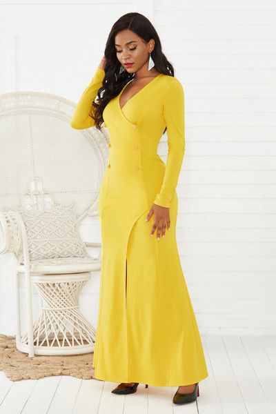 Модерна дамска дълга рокля с цепка и шпиц деколте