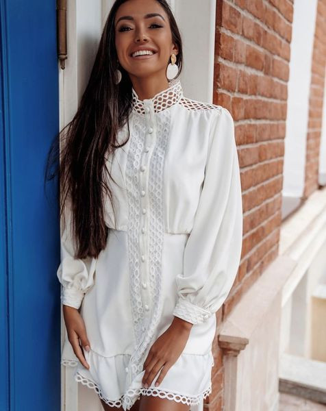 Ежедневна дамска къса рокля с дълъг ръкав и висока яка 