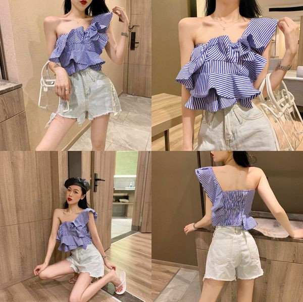 Modern női csíkos felső egy ujjal - rövid modell