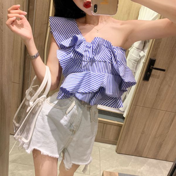 Modern női csíkos felső egy ujjal - rövid modell