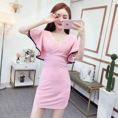 Ženska kratka haljina s V izrezom i lotos rukavima