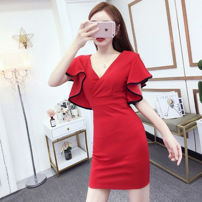 Ženska kratka haljina s V izrezom i lotos rukavima