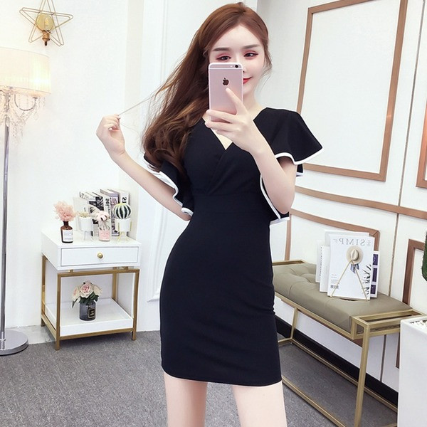 Ženska kratka haljina s V izrezom i lotos rukavima