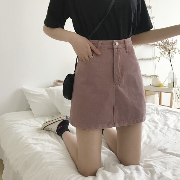 Női farmerszoknya, magas derékkal, A-vonallal