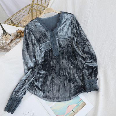 Női bársony ing spitz nyakkivágással és csipkével a hátán