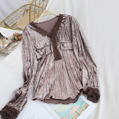 Női bársony ing spitz nyakkivágással és csipkével a hátán