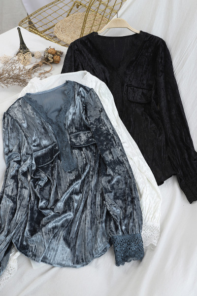 Női bársony ing spitz nyakkivágással és csipkével a hátán