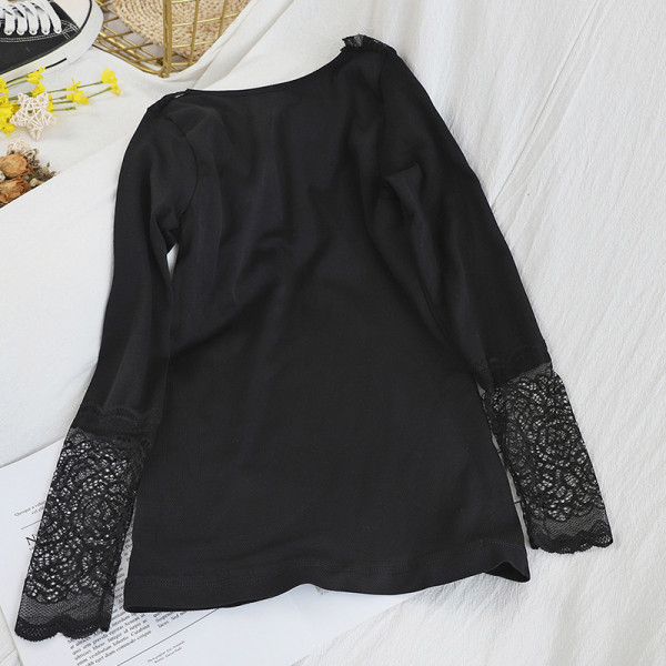 Naiste sametpluus spitsikaelusega ja musta pitsiga