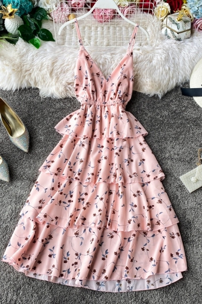 Šarena ženska haljina - sa tankim naramenicama i cvjetnim motivima