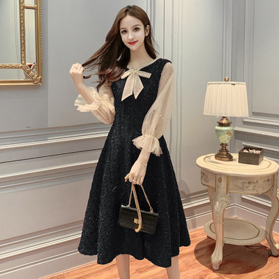 Uut mudelit spitsikaelusega, paela ja tüllvarrukatega naiste kleit