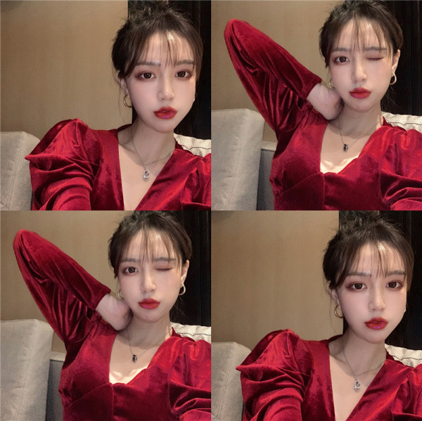 Stílusos női bársonyruha spitz nyakkivágással és puffos ujjakkal