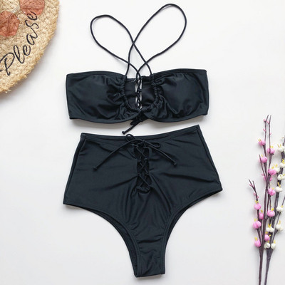 Moodne kaheosaline ujumistrikoo - kõrge vöökohaga püksid ja lipsud